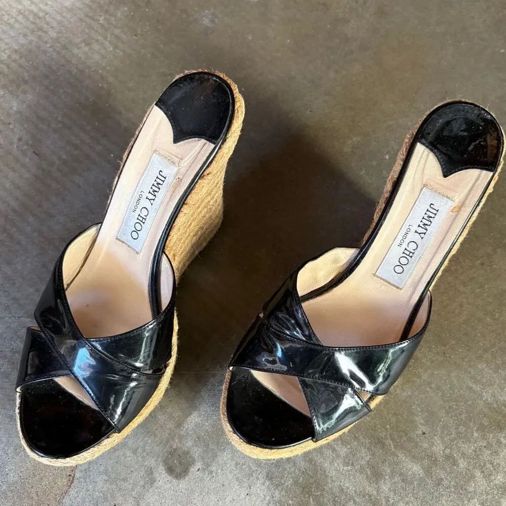 Jimmy Choo Black Patent Leather Espadrilles/ Sandals Italy 39